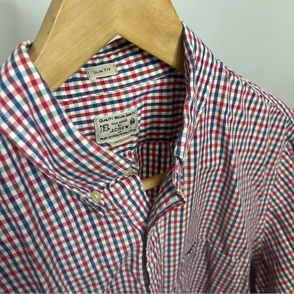 J. Crew Red, White, & Blue Gingham Cotton Slim Button Up Dress Shirt Medium